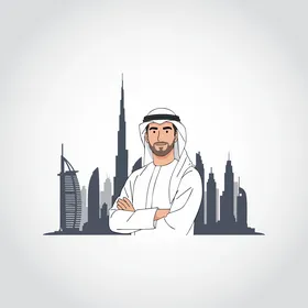 الاهتمام بالأناقة والمظهر الخارجي، رسم توضيحي لرجل أعمال عربي خليجي سعودي يرتدي الزي التقليدي ينظر الى الكاميرا يقف بأيدي متقاطعة بإيماءات الثقة بالنفس أمام الابراج وناطحات السحاب، خلفية بيضاء، فيكتور اليستريتور