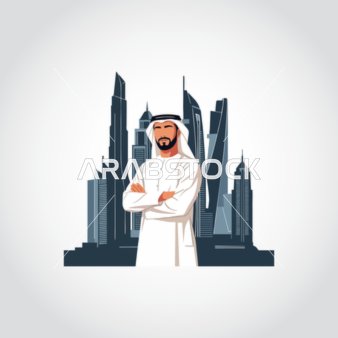 Attention to elegance and appearance, an illustration of a Saudi Arabian Gulf businessman wearing traditional attire looking at the camera, standing with arms crossed in a gesture of self-confidence in front of towers and skyscrapers, white background, vector illustration.