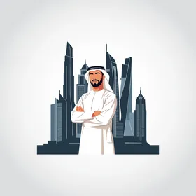 Attention to elegance and appearance, an illustration of a Saudi Arabian Gulf businessman wearing traditional attire looking at the camera, standing with arms crossed in a gesture of self-confidence in front of towers and skyscrapers, white background, vector illustration.
