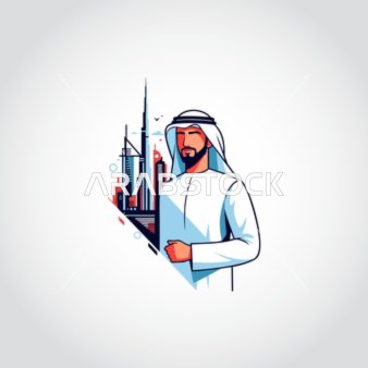 Attention to elegance and appearance, an illustration of a Saudi Arabian Gulf businessman wearing traditional attire looking at the camera, standing with arms crossed in a gesture of self-confidence in front of towers and skyscrapers, white background, vector illustration.