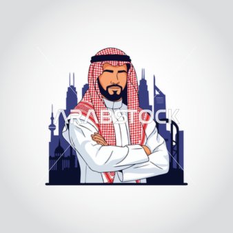 Attention to elegance and appearance, an illustration of a Saudi Arabian Gulf businessman wearing traditional attire looking at the camera, standing with arms crossed in a gesture of self-confidence in front of towers and skyscrapers, white background, vector illustration.