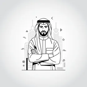 الاهتمام بالأناقة والمظهر الخارجي، رسم توضيحي لرجل أعمال عربي خليجي سعودي يرتدي الزي التقليدي ينظر الى الكاميرا يقف بأيدي متقاطعة بإيماءات الثقة بالنفس أمام الابراج وناطحات السحاب، خلفية بيضاء، فيكتور اليستريتور