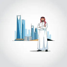 الاهتمام بالأناقة والمظهر الخارجي، رسم توضيحي لرجل أعمال عربي خليجي سعودي يرتدي الزي التقليدي ينظر الى الكاميرا يقف بأيدي متقاطعة بإيماءات الثقة بالنفس أمام الابراج وناطحات السحاب، خلفية بيضاء، فيكتور اليستريتور