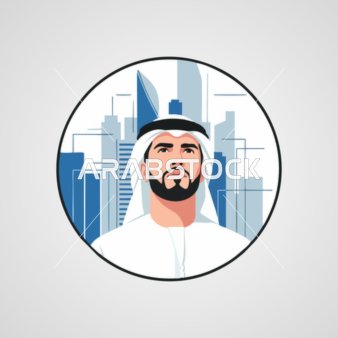Handsome and concerned with elegance and appearance, an illustration of an Arab Gulf Saudi businessman wearing traditional attire looking confidently in front of towers and skyscrapers, white background, vector illustration.