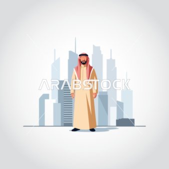 Handsome and concerned with elegance and appearance, an illustration of an Arab Gulf Saudi businessman wearing traditional attire looking confidently in front of towers and skyscrapers, white background, vector illustration.