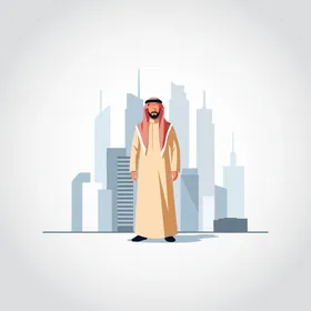 Handsome and concerned with elegance and appearance, an illustration of an Arab Gulf Saudi businessman wearing traditional attire looking confidently in front of towers and skyscrapers, white background, vector illustration.