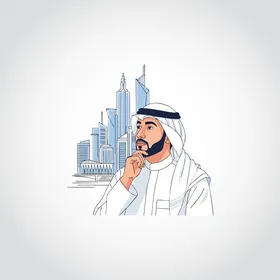 Handsome and concerned with elegance and appearance, an illustration of an Arab Gulf Saudi businessman wearing traditional attire looking confidently in front of towers and skyscrapers, white background, vector illustration.