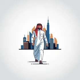 الوسامة و الاهتمام بالأناقة والمظهر الخارجي، رسم توضيحي لرجل أعمال عربي خليجي سعودي يرتدي الزي التقليدي ينظر بإيماءات الثقة بالنفس أمام الابراج وناطحات السحاب، خلفية بيضاء، فيكتور اليستريتور
