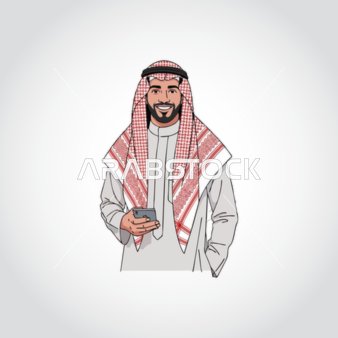 مفهوم الوسامة و الاهتمام بالأناقة والمظهر الخارجي، رسم توضيحي لرجل أعمال عربي خليجي سعودي يرتدي الزي التقليدي ينظر بإيماءات الثقة بالنفس، خلفية بيضاء، فيكتور اليستريتور