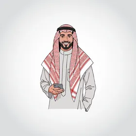 The concept of handsome appearance and attention to elegance and external appearance, an illustration of a Saudi Gulf Arab businessman wearing traditional attire looking with gestures of self-confidence, white background, vector illustration.