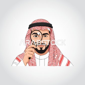 مفهوم البحث و الاستكشاف ،الوسامة و الاهتمام بالأناقة والمظهر الخارجي، رسم توضيحي لرجل عربي خليجي سعودي يرتدي الزي التقليدي يحمل بيده مكبر النظر بإيماءات الثقة بالنفس، خلفية بيضاء، فيكتور اليستريتور