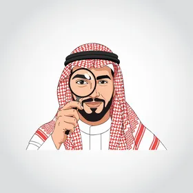 مفهوم البحث و الاستكشاف ،الوسامة و الاهتمام بالأناقة والمظهر الخارجي، رسم توضيحي لرجل عربي خليجي سعودي يرتدي الزي التقليدي يحمل بيده مكبر النظر بإيماءات الثقة بالنفس، خلفية بيضاء، فيكتور اليستريتور