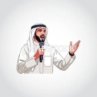 Delivering lectures and radio broadcasts, handsomeness and attention to elegance and appearance, an illustration of a Saudi Gulf Arab man wearing traditional attire holding a microphone in his hand, looking with gestures of self-confidence, white background, vector illustration.