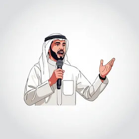 Delivering lectures and radio broadcasts, handsomeness and attention to elegance and appearance, an illustration of a Saudi Gulf Arab man wearing traditional attire holding a microphone in his hand, looking with gestures of self-confidence, white background, vector illustration.