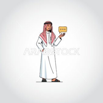 Standing upright and looking at something, handsomeness and attention to elegance and appearance, an illustration of a Saudi Arabian Gulf man wearing traditional attire, looking with gestures of self-confidence, white background, vector illustration.