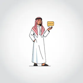 Standing upright and looking at something, handsomeness and attention to elegance and appearance, an illustration of a Saudi Arabian Gulf man wearing traditional attire, looking with gestures of self-confidence, white background, vector illustration.