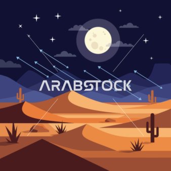 الكثبان الرملية الناعمة في صحراء المملكه العربية السعوديه ،السماء المليئة بالنجوم والشهب المضيئة ،المناطق و الاماكن الصحراوية في وقت الليل ،فيكتور اليستريتور