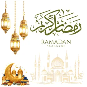 عبارة رمضان كريم باللغة الانجليزية والعربية باللون الاخضر، زخارف و فوانيس رمضان, اسلاميات وعبادة, مناسبات دينية, خلفية بيضاء, فيكتور اليستريتور