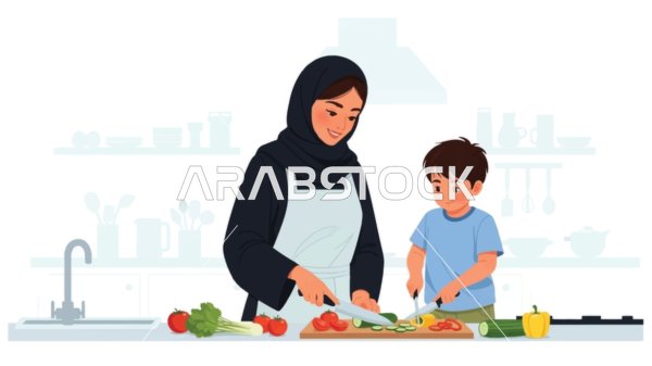 Caring for children and supporting them, a cartoon drawing of a mother and her child preparing a healthy meal together in their modern kitchen, enhancing family bonds and cooking skills, white background, vector illustration.