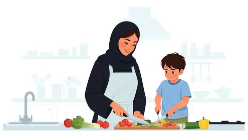 Caring for children and supporting them, a cartoon drawing of a mother and her child preparing a healthy meal together in their modern kitchen, enhancing family bonds and cooking skills, white background, vector illustration.