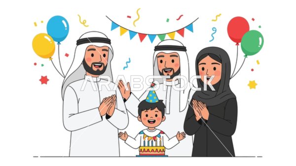 الأجواء الأسرية في المناسبات واعياد الميلاد، عائلة سعيدة تحتفل بعيد ميلاد ابنهم بفرح وإثارة، الحب والالفة بين أفراد العائلة, خلفية بيضاء، فيكتور اليستريتور.