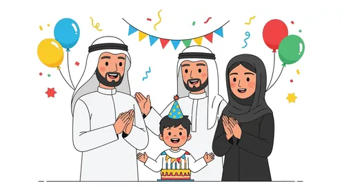 الأجواء الأسرية في المناسبات واعياد الميلاد، عائلة سعيدة تحتفل بعيد ميلاد ابنهم بفرح وإثارة، الحب والالفة بين أفراد العائلة, خلفية بيضاء، فيكتور اليستريتور.