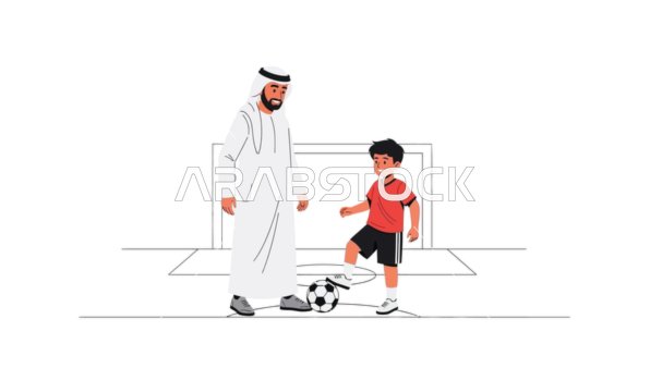 أب يرتدي الزي الإماراتي التقليدي يعلم ابنه كيفية لعب كرة القدم،  تعزيز الرابطة من خلال الرياضة والتراث الثقافي، الحب والالفة بين أفراد العائلة, خلفية بيضاء، فيكتور اليستريتور.