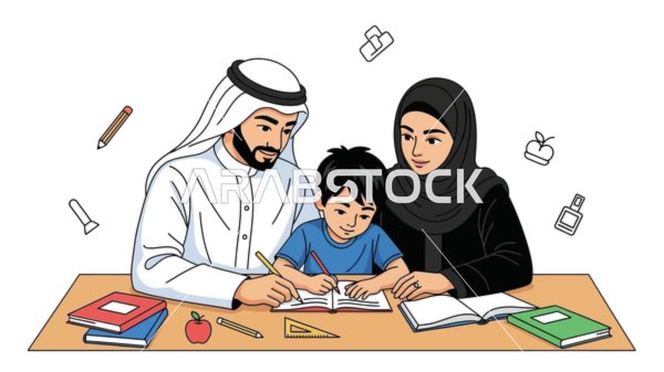 The family's dedication to education, a vector for learning and support, strengthening the bond through knowledge and cultural heritage, love and affection among family members, white background, vector illustrator.