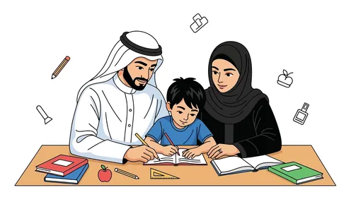 The family's dedication to education, a vector for learning and support, strengthening the bond through knowledge and cultural heritage, love and affection among family members, white background, vector illustrator.