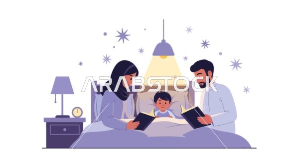 عائلة مسلمة محبة تشارك قصة ما قبل النوم، جوًا دافئًا وهادئًا لابنهم، تعزيز الرابطة من خلال العلم والتراث الثقافي، الحب والالفة بين أفراد العائلة, خلفية بيضاء، فيكتور اليستريتور.