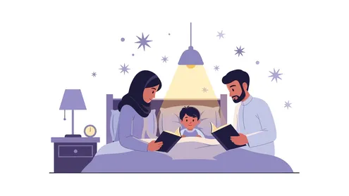 A loving Muslim family shares a bedtime story, creating a warm and calm atmosphere for their son, strengthening the bond through knowledge and cultural heritage, love and affection among family members, with a white background, vector illustration.