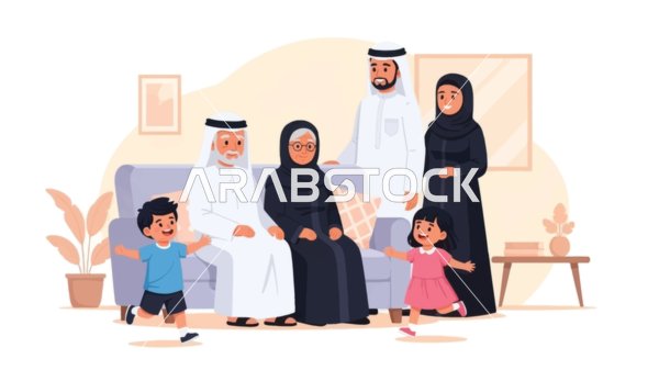 A warm vector of an Emirati family gathered in their home, showcasing the beauty of family ties and cultural heritage in the United Arab Emirates, love and affection among family members, with a white background, vector illustration.