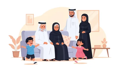 A warm vector of an Emirati family gathered in their home, showcasing the beauty of family ties and cultural heritage in the United Arab Emirates, love and affection among family members, with a white background, vector illustration.