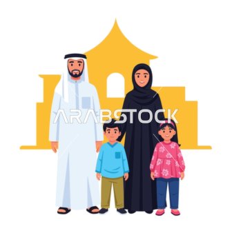 عائلة شرق أوسطية سعيدة، أب وأم وابن وابنة، تقف بفخر بزي تقليدي أمام خلفية معمارية ذهبية، ترمز إلى الوحدة والتراث الثقافي. الحب والالفة بين أفراد العائلة, خلفية بيضاء، فيكتور اليستريتور.
