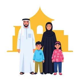 عائلة شرق أوسطية سعيدة، أب وأم وابن وابنة، تقف بفخر بزي تقليدي أمام خلفية معمارية ذهبية، ترمز إلى الوحدة والتراث الثقافي. الحب والالفة بين أفراد العائلة, خلفية بيضاء، فيكتور اليستريتور.