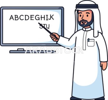 Educational classes and skill development, conducting various activities and events, a teacher in traditional attire pointing to letters on the screen, educational concept, white background, vector illustrator.