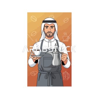 A cartoon drawing of an employee in a café, a hospitable Arab barista in traditional attire serving a cup of authentic Arabic coffee, with a white background, vector illustration.