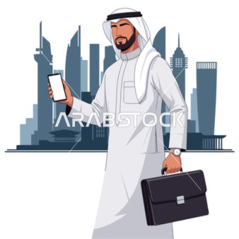 رجل أعمال عربي واثق يرتدي الزي التقليدي، يحمل هاتفه الذكي، خلفية أفق المدينة الحديثة،  يرمز إلى النجاح والابتكار. خلفية بيضاء، فيكتور اليستريتور.
