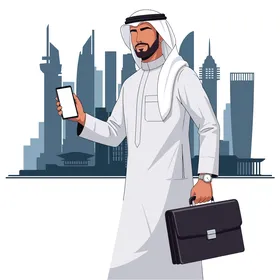 رجل أعمال عربي واثق يرتدي الزي التقليدي، يحمل هاتفه الذكي، خلفية أفق المدينة الحديثة،  يرمز إلى النجاح والابتكار. خلفية بيضاء، فيكتور اليستريتور.