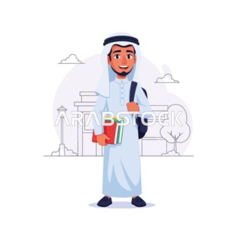 مفهوم الاناقة والاهتمام بالمظهر الخارجي، طالب عربي شاب مبتسم بالزي التقليدي من الثوب والغترة يحمل الكتب وحقيبة الظهر، مستعد للجامعة، خلفية بيضاء، فيكتور اليستريتور.