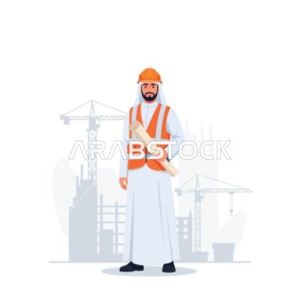 متابعة المشاريع والخطط الهندسية، مهندس عربي يرتدي الزي التقليدي يقف بثقة في موقع بناء حاملاً المخططات الهندسية، خلفية بيضاء، فيكتور اليستريتور.
