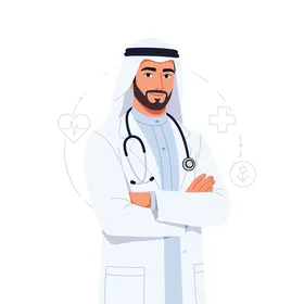 طبيب إماراتي متميز يقف بثقة، التميز في الرعاية الصحية والفخر الثقافي، مستعد لخدمة مجتمعه بخبرة وتعاطف. خلفية بيضاء، فيكتور اليستريتور.