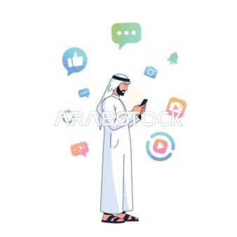 A confident Arab businessman wearing traditional attire, holding his smartphone, with a backdrop of a modern city skyline, symbolizing success and innovation. White background, vector illustration.