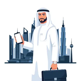 A confident Arab businessman wearing traditional attire, holding his smartphone, with a backdrop of a modern city skyline, symbolizing success and innovation. White background, vector illustration.