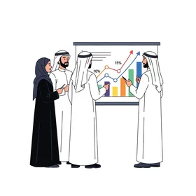 Arab professionals participating in a central work meeting, analyzing financial data and discussing strategic growth on the display screen. White background, vector illustration.