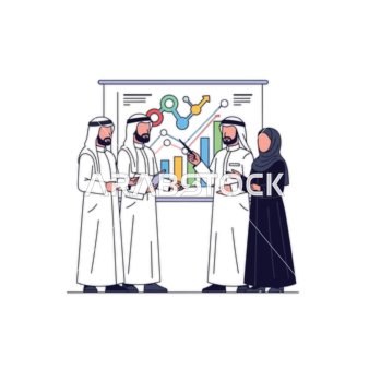 Arab professionals participating in a central work meeting, analyzing financial data and discussing strategic growth on the display screen. White background, vector illustration.