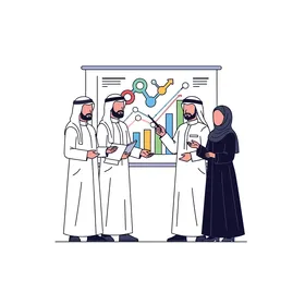 Arab professionals participating in a central work meeting, analyzing financial data and discussing strategic growth on the display screen. White background, vector illustration.