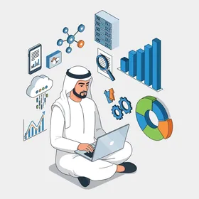 محترف عربي يتقن التعامل مع المشهد الرقمي، استخدام حاسوب محمول لتحليل البيانات وذكاء الأعمال وسط مجموعة متنوعة من أيقونات التكنولوجيا،. خلفية بيضاء، فيكتور اليستريتور.