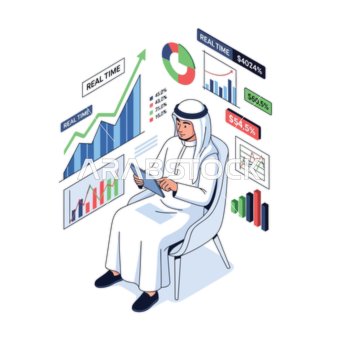 محترف عربي يتقن التعامل مع المشهد الرقمي، استخدام حاسوب محمول لتحليل البيانات وذكاء الأعمال وسط مجموعة متنوعة من أيقونات التكنولوجيا،. خلفية بيضاء، فيكتور اليستريتور.