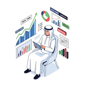 محترف عربي يتقن التعامل مع المشهد الرقمي، استخدام حاسوب محمول لتحليل البيانات وذكاء الأعمال وسط مجموعة متنوعة من أيقونات التكنولوجيا،. خلفية بيضاء، فيكتور اليستريتور.